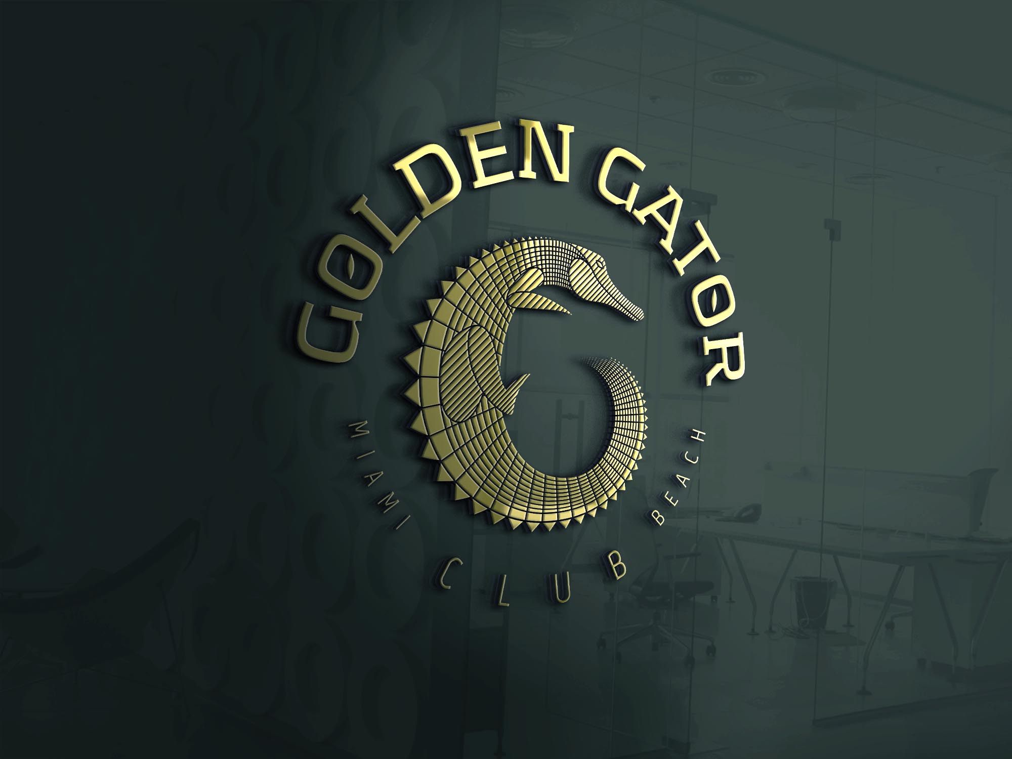 Golden Gator Amulet Logo in 3D on an office glass window pane
