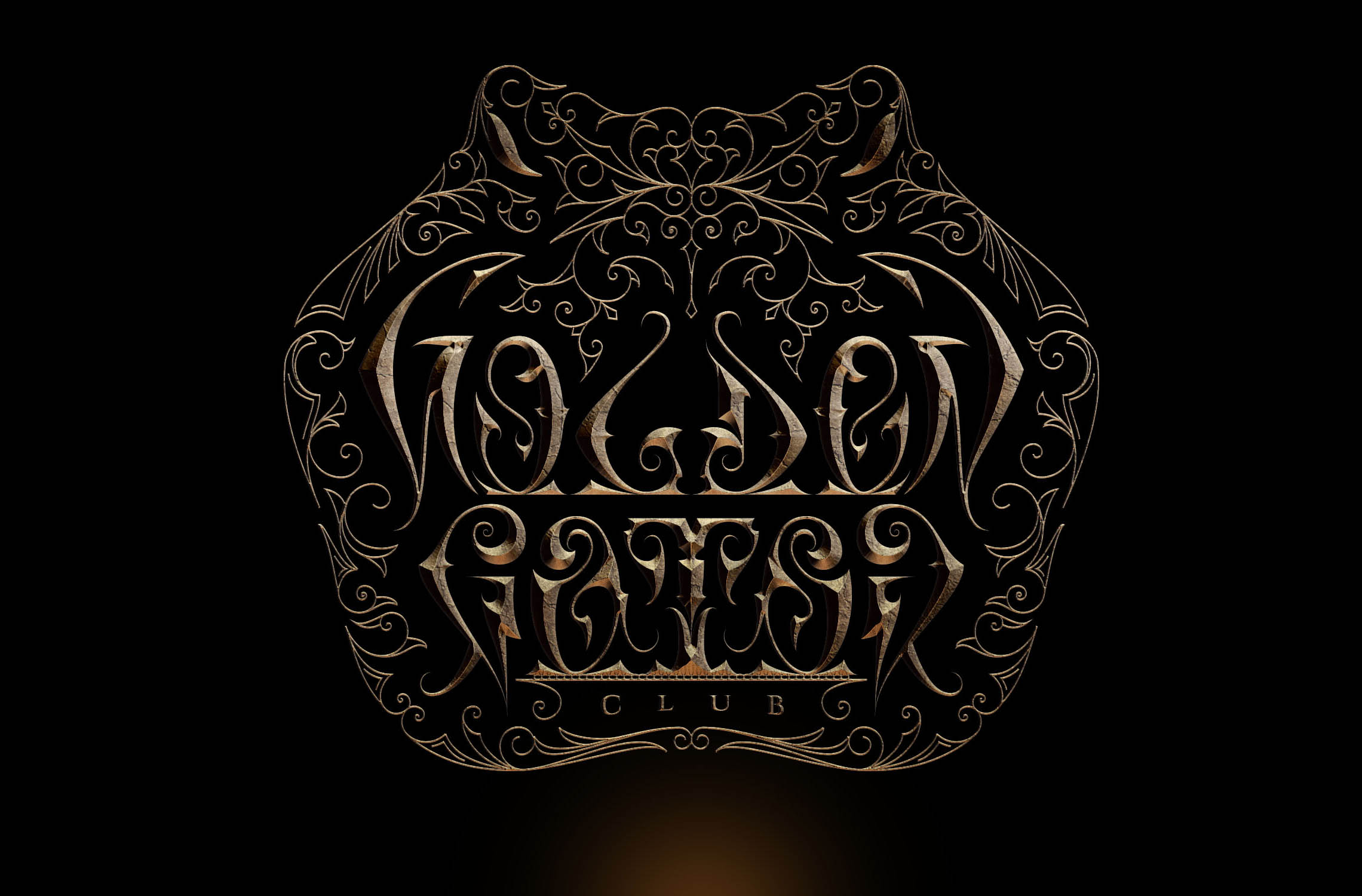 Golden Gator Victorian Ambigram Logo in a golden metal texture on a black background