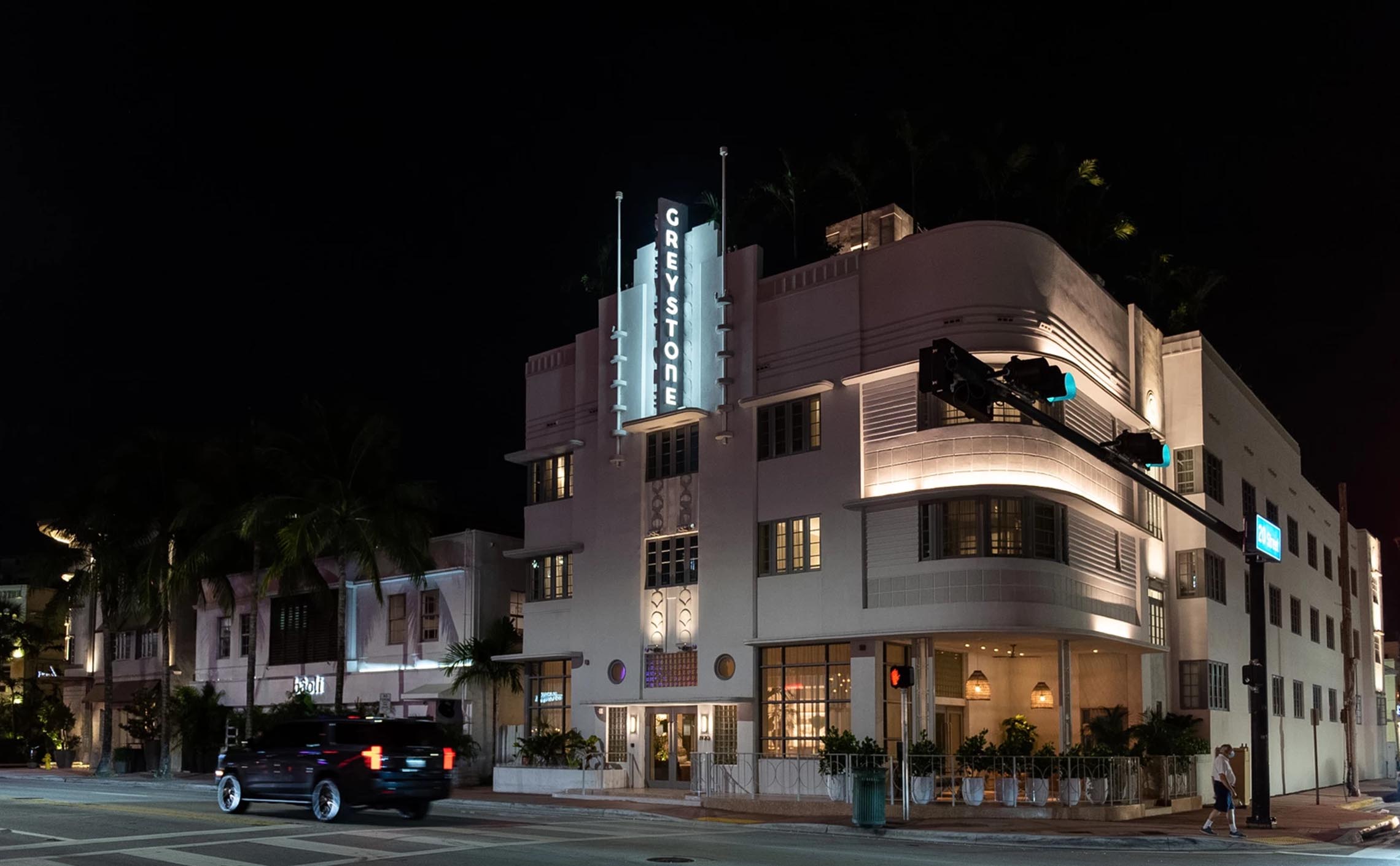 Greystone Hotel Building by Night Street View