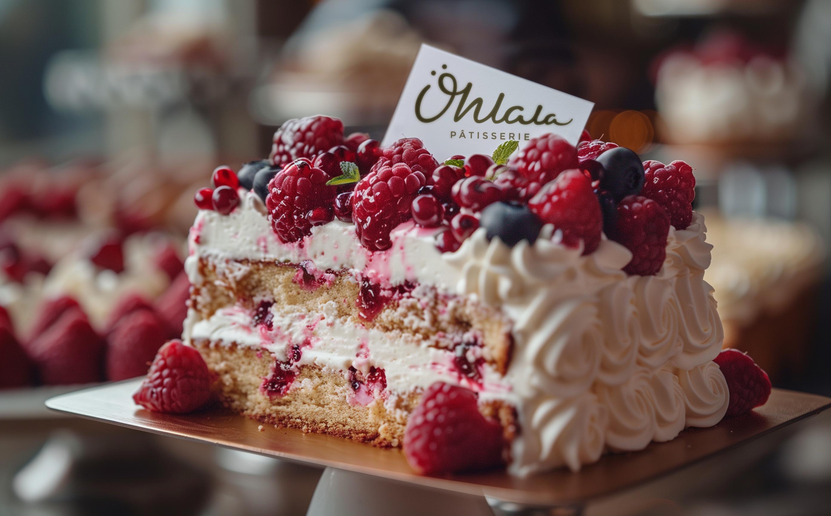Ohlala Cake Card planted on a slice of raspberry cake